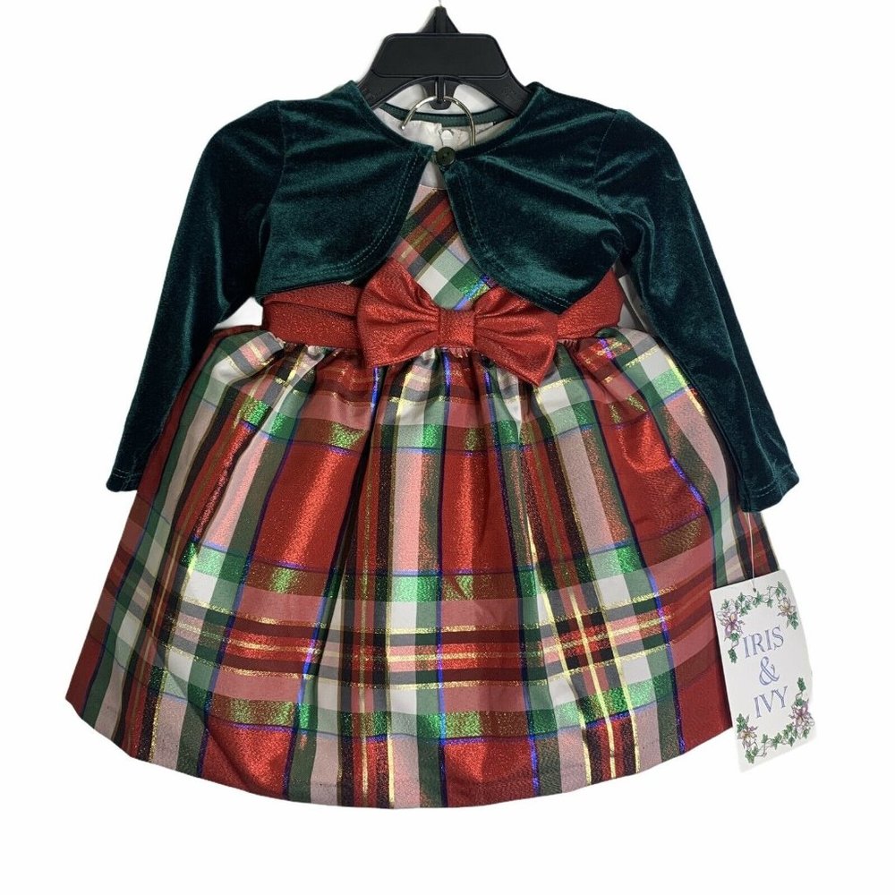 IRIS & IVY Red Green Dress Cardigan 3 Piece Set